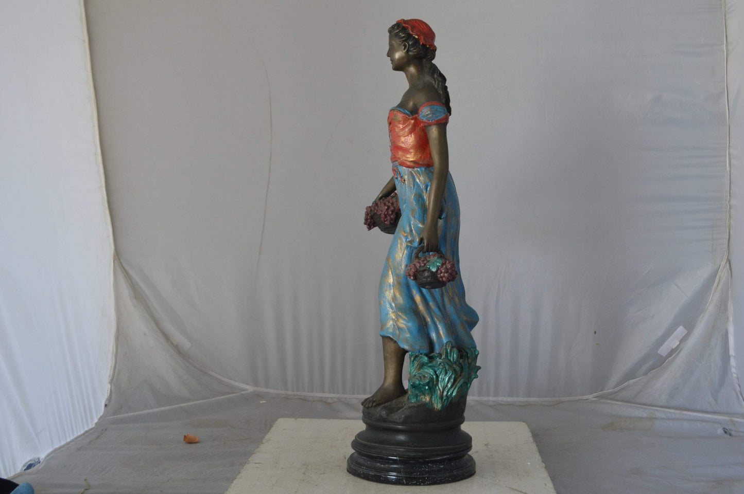 Beautiful lady with grapes bronze statue  - Size: 14"L x 6"W x 20"H.