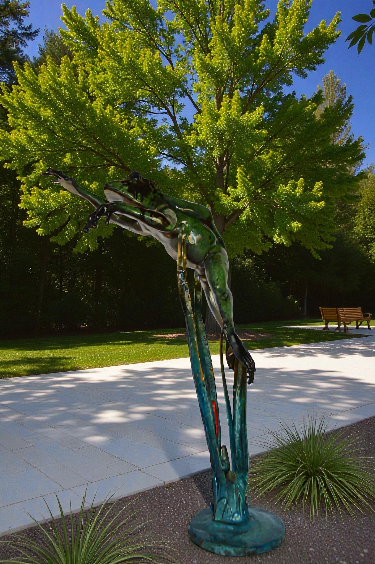 Large Frog Jumping Forward Bronze Statue on Marble -  Size: 25"L x 15"W x 36"H.