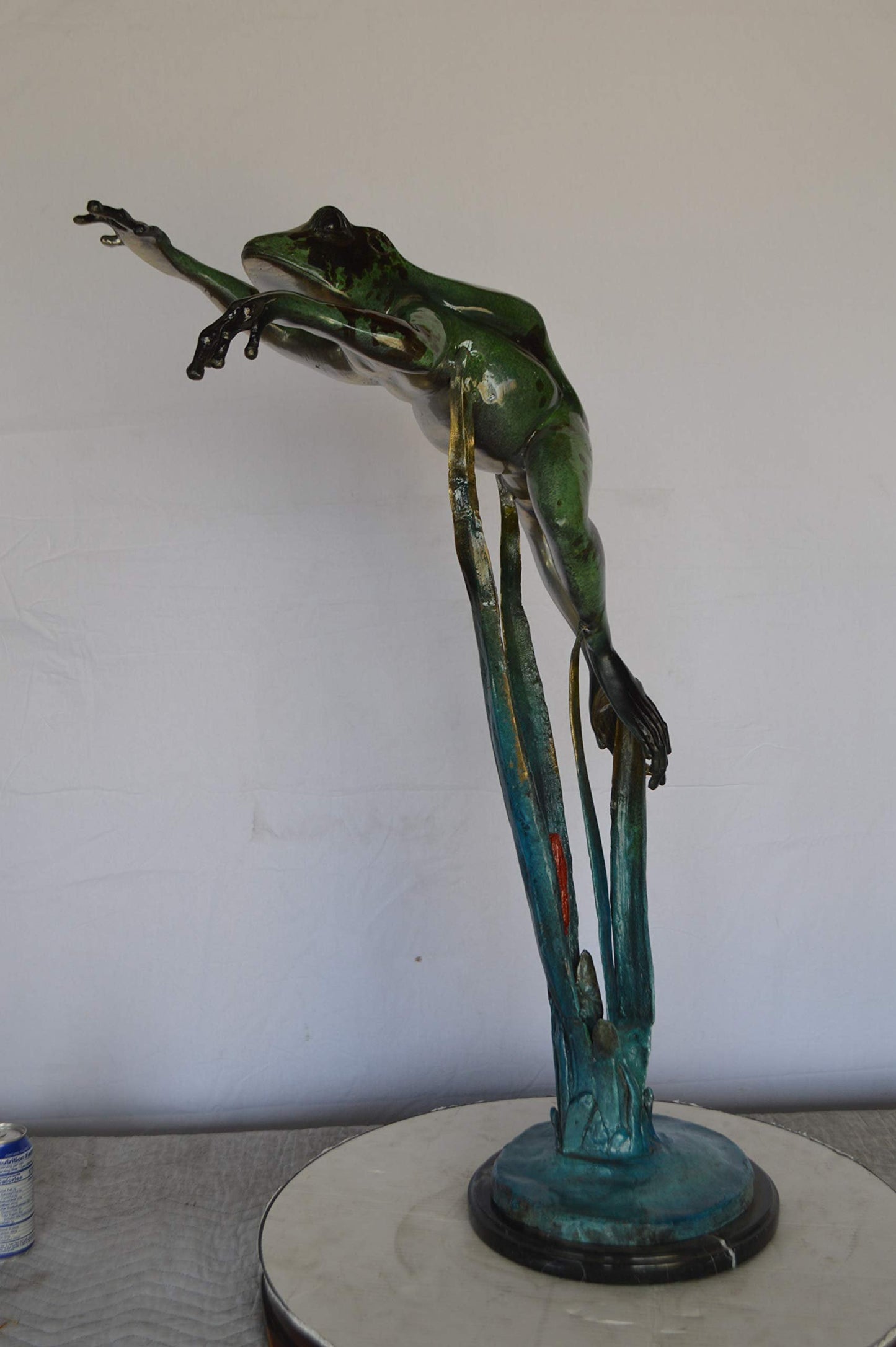 Large Frog Jumping Forward Bronze Statue on Marble -  Size: 25"L x 15"W x 36"H.