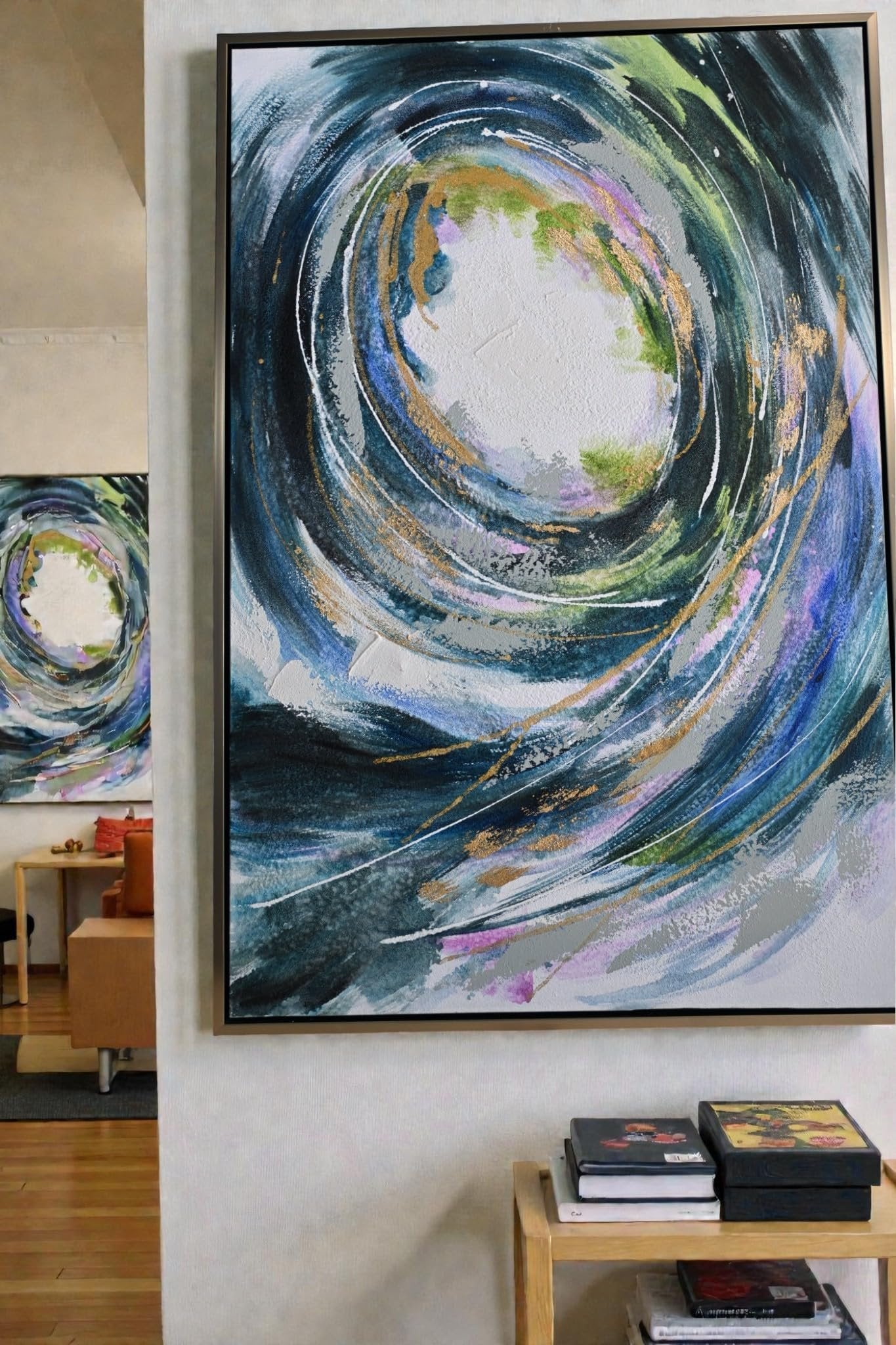 Dynamic Abstract Canvas Painting Circular Swirl Framed Art 61"x41"