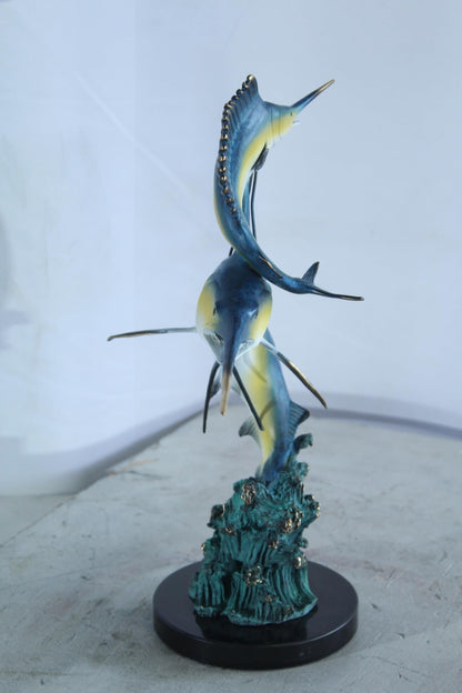 NIFAO Bronze Sailfish Duo Statue on Marble Base Coastal Sculpture 13" x 7" x 15"H