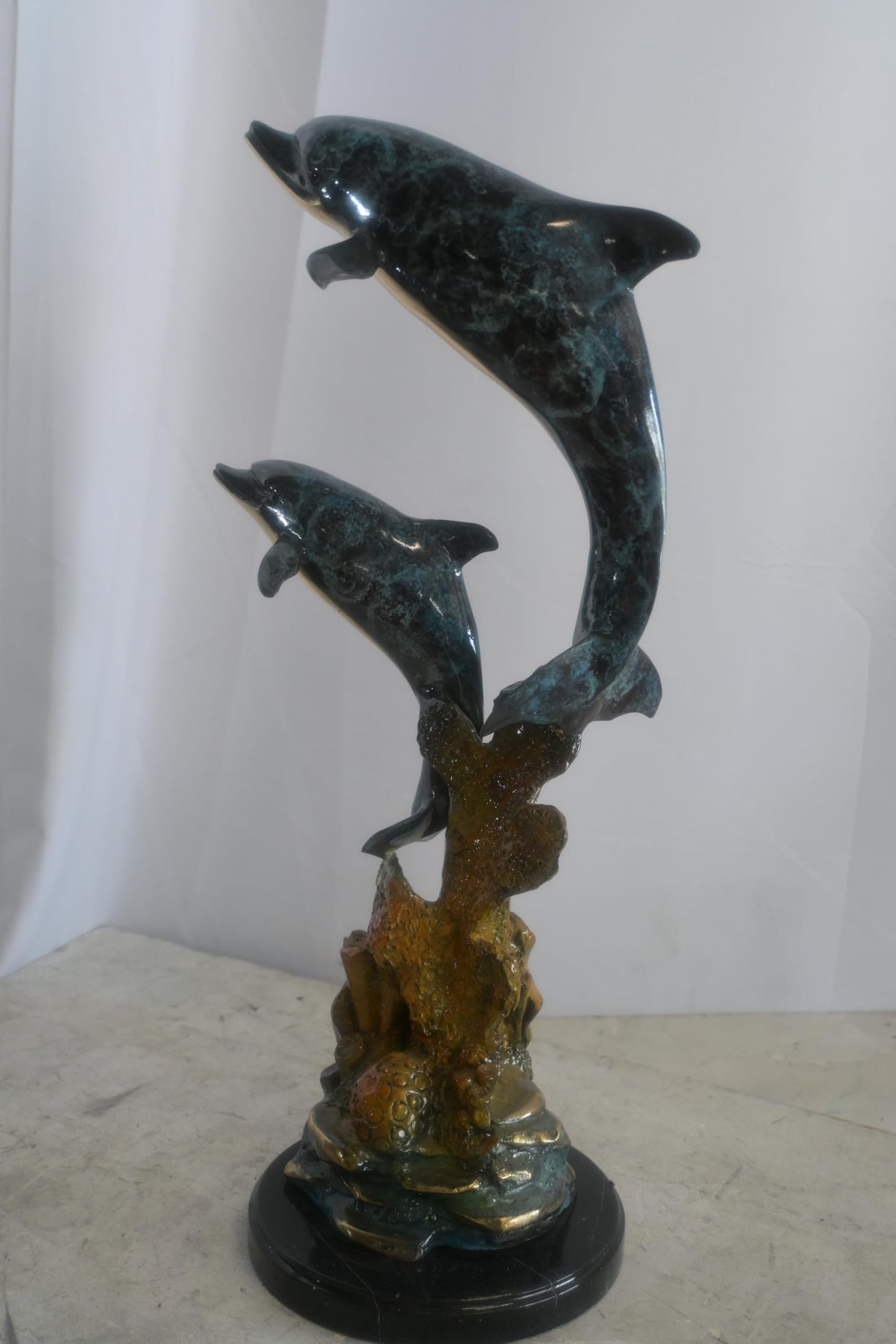 Bronze Dual Leaping Dolphin Sculpture on Marble Base 10"x6"x24"H