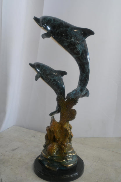 Bronze Dual Leaping Dolphin Sculpture on Marble Base 10"x6"x24"H