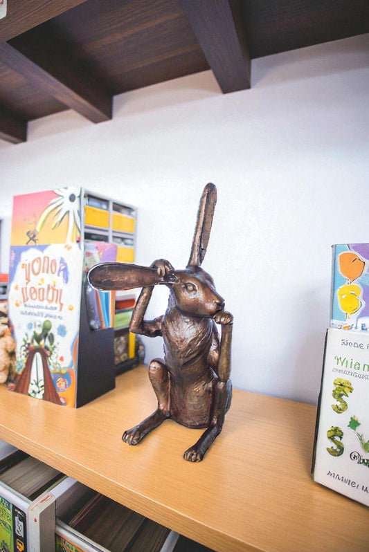 Pondering Bunny Rabbit Bronze Statue, Charming Home Decor 8" x 14" x 22"H