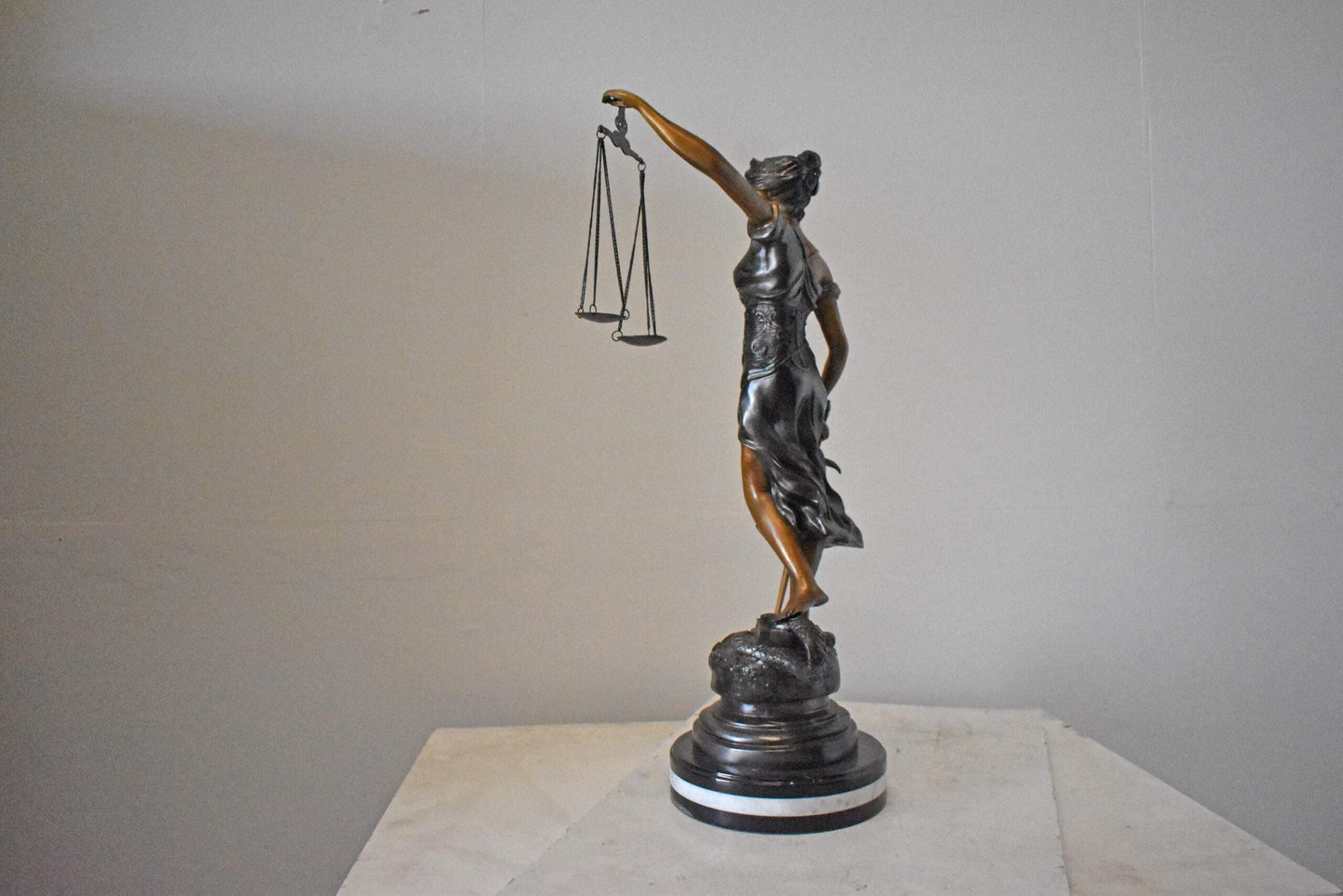 Lady Justice bronze statue mounted on a marble - Size: 14"L x 16"W x 32"H.