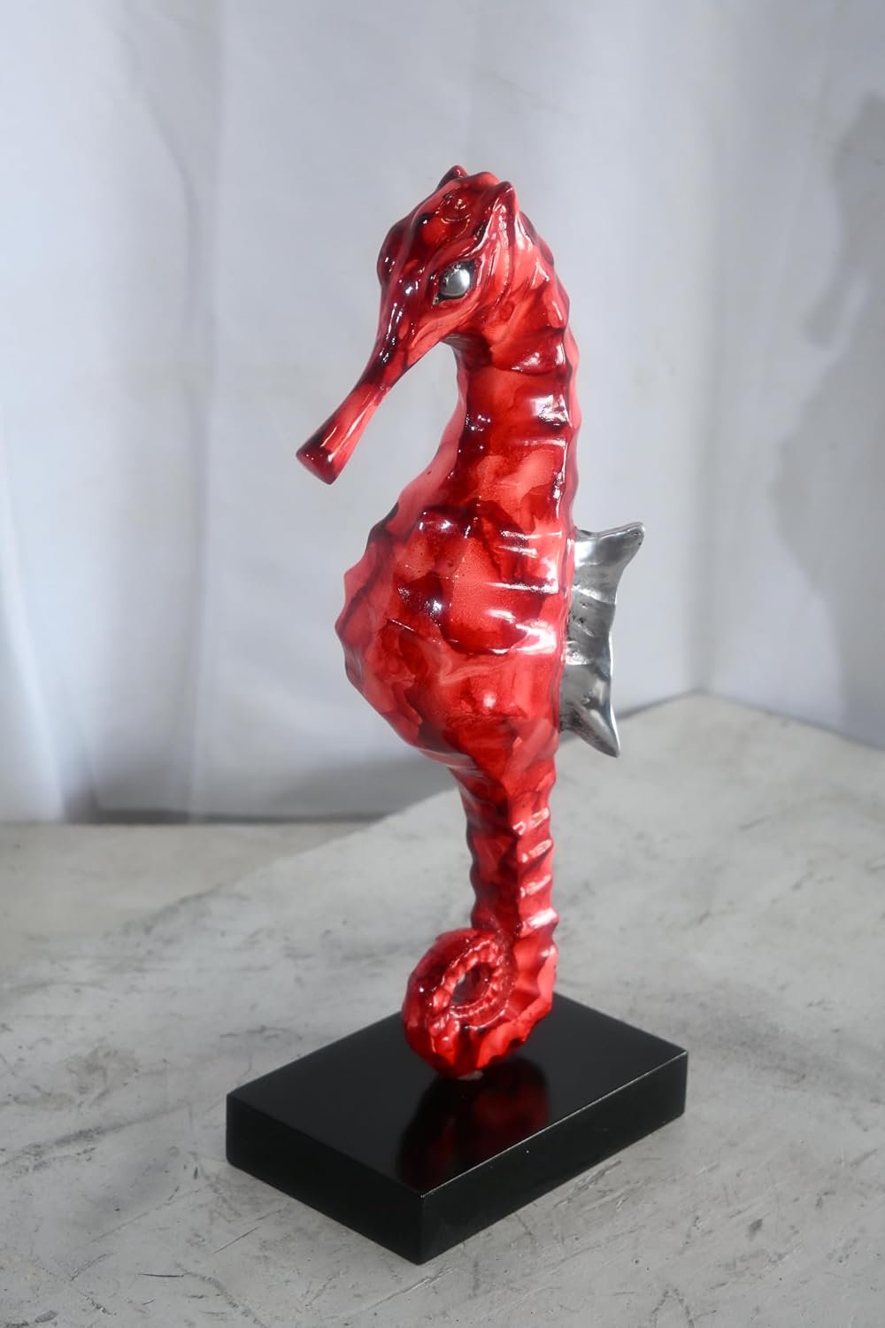 Red Seahorse Figurine on Base Painted Aluminum Sculpture 6"x4"x15"H