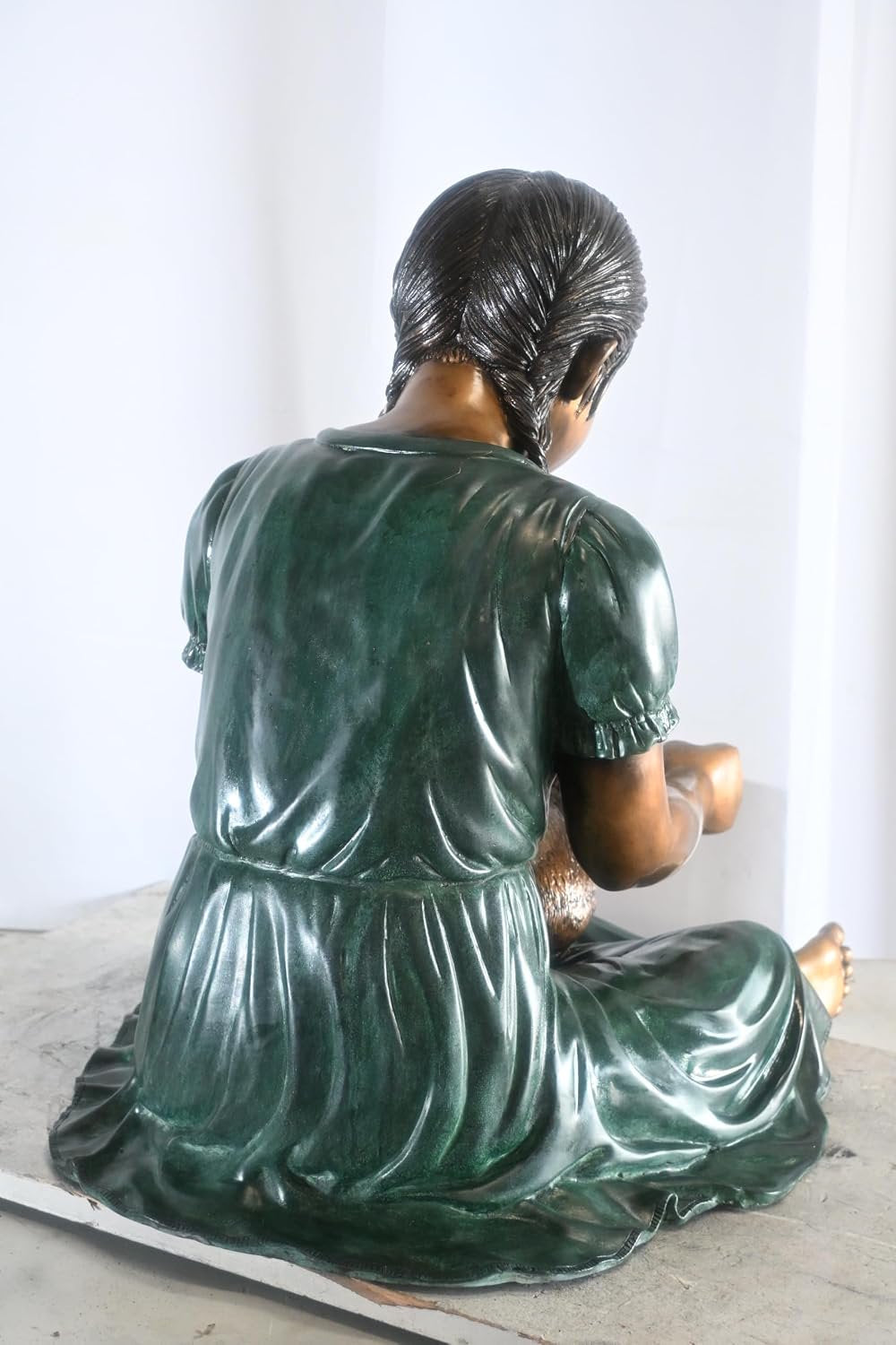 Bronze Braided Girl Feeding Rabbit Green Dress Sculpture 24"x20"x24"H
