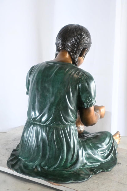 Bronze Braided Girl Feeding Rabbit Green Dress Sculpture 24"x20"x24"H