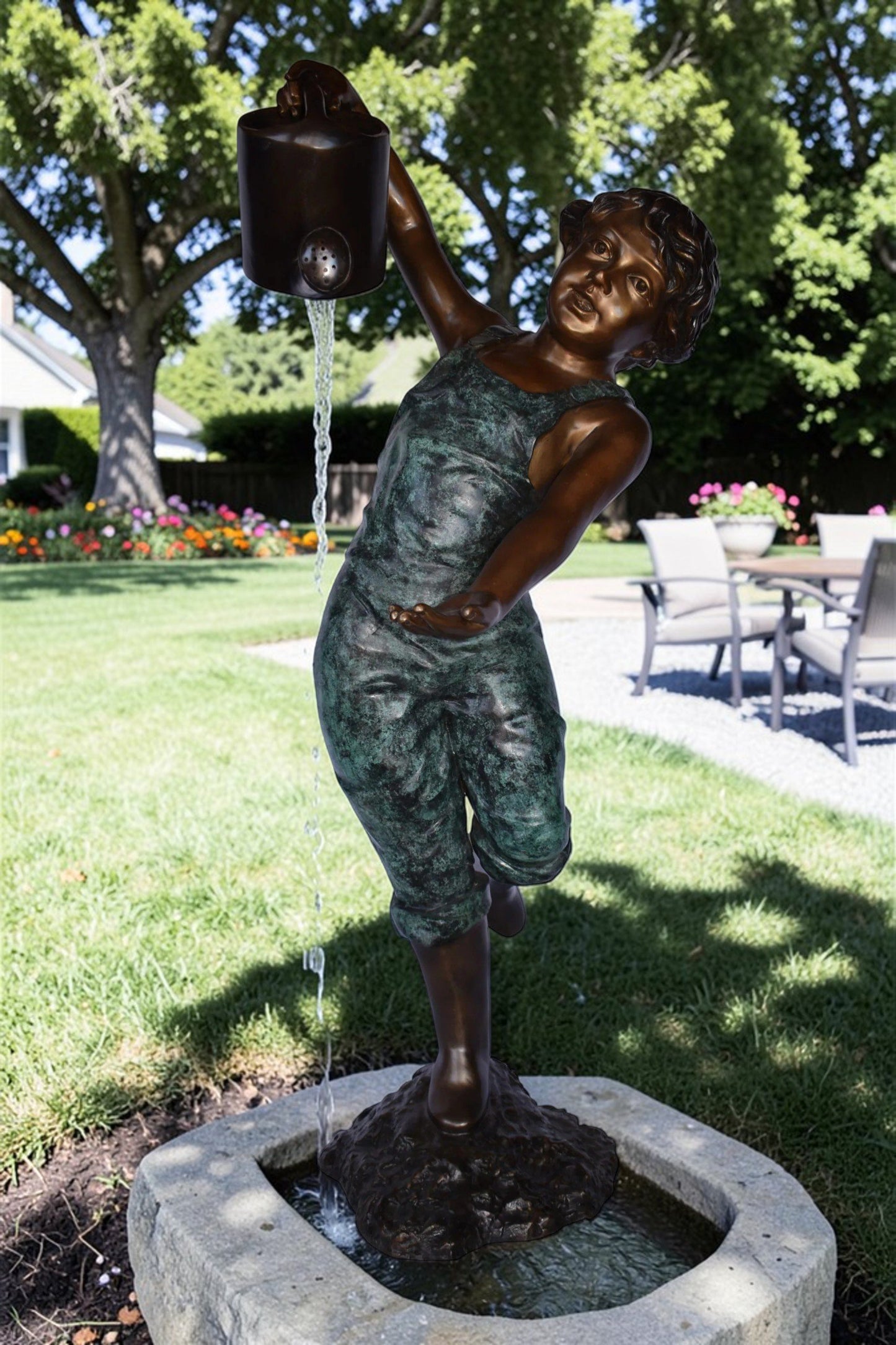 Standing Boy with Watering Can Bronze Statue Fountain - Size: 24" x  22" x 48"H.