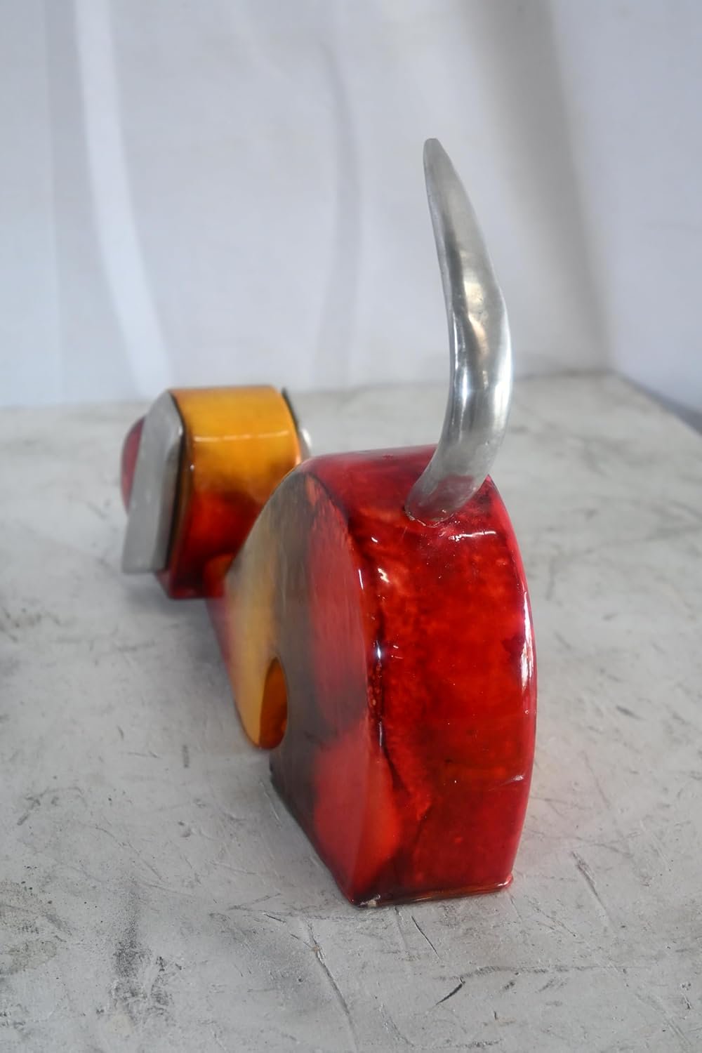 Stretching Dog Sculpture Painted Wood with Aluminum Ears 2"x14"x10"H