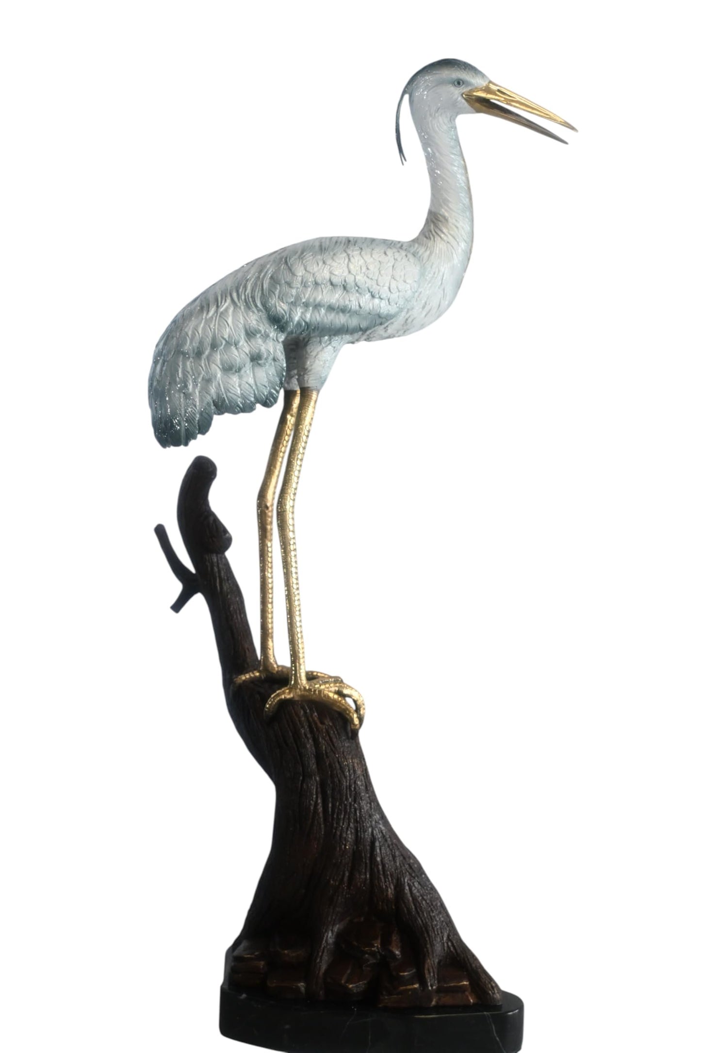 Bronze Heron Statue on Driftwood Marble Base Sculpture 17"x17"x37"H