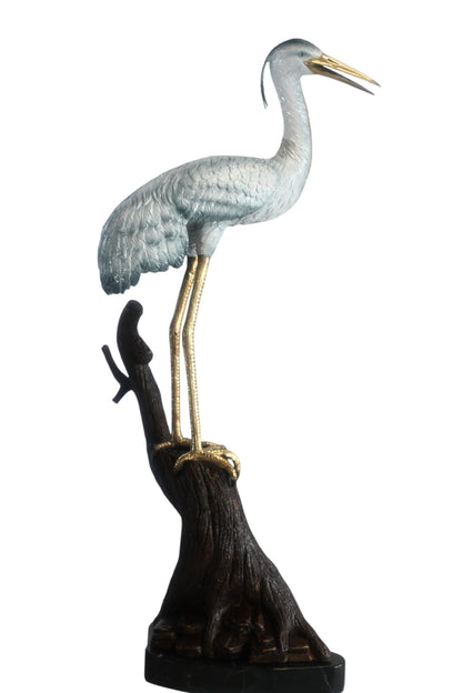 Bronze Heron Statue on Driftwood Marble Base Sculpture 17"x17"x37"H