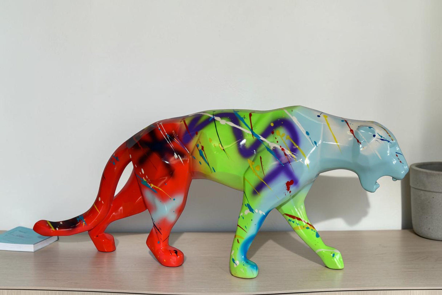 Roaming Graffiti and Splatter paint Jaguar Resin Statue 28" x 7" x 12"H