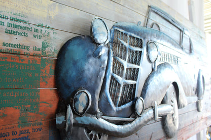 NIFAO 1930s Ford Coupe Inspired Blue Car 3D Metal Wall Art on Wood 79" x 2" x 40"H
