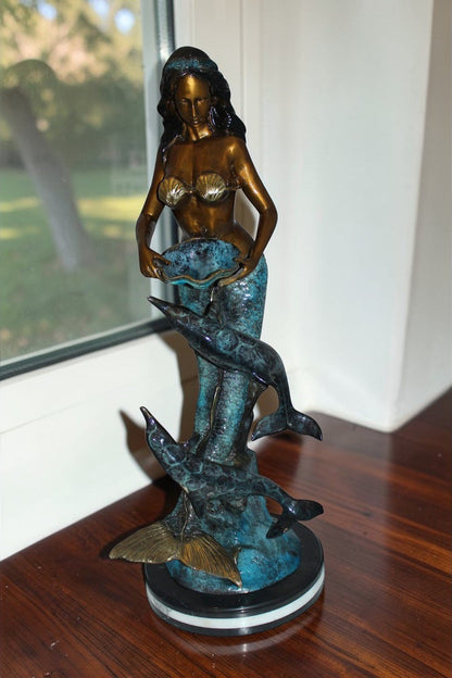 Mermaid with 2 dolphins Bronze Statue -  Size: 14"L x 14"W x 28"H.