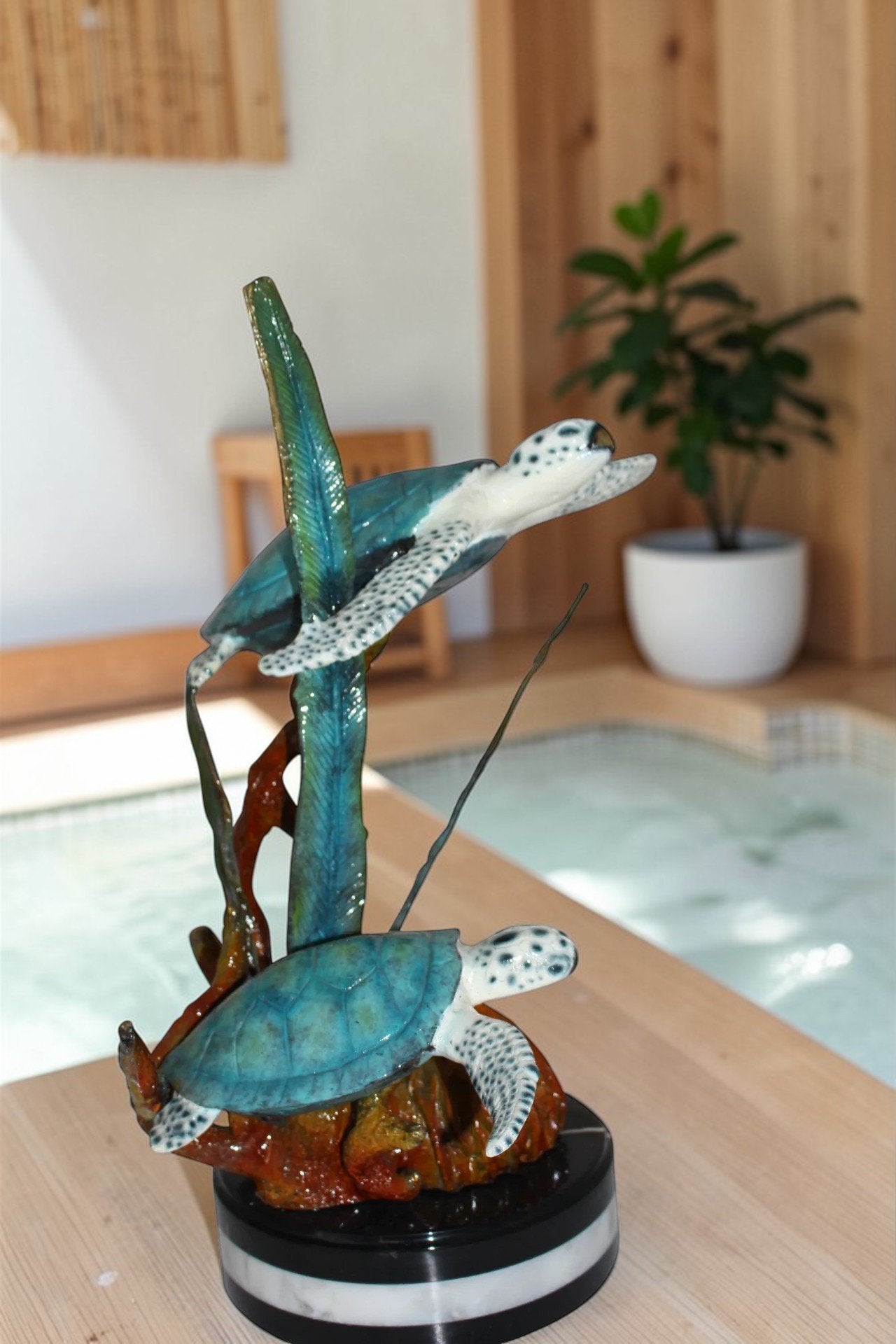 Two Sea Turtles Swimming Bronze Statue -  Size: 17"L x 9"W x 20"H.