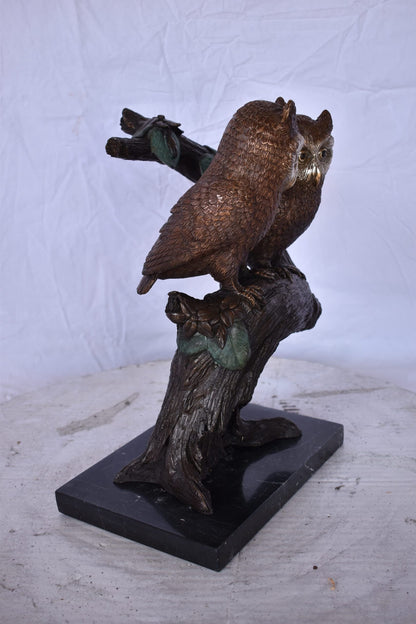 Two Owls on A Tree Trunk Bronze Statue - Size: 11"L x 11"W x 14"H.