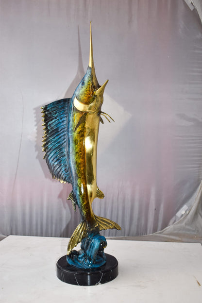 Upright Fierce Marlin Jumping Off the Water Bronze Statue  Size: 12" x 8" x 30"H
