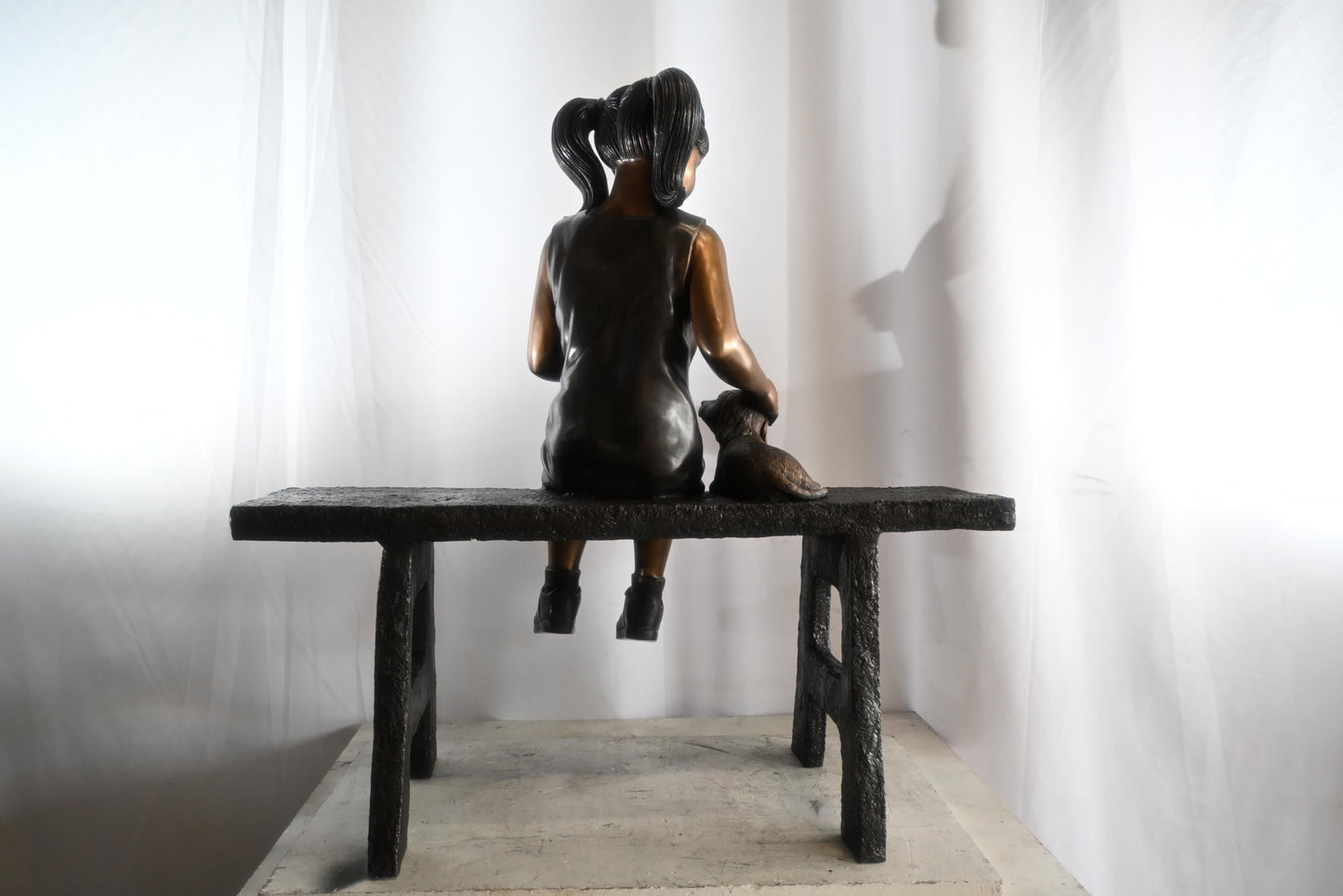 Bronze Girl Reading on Bench with Puppy Statue Sculpture 37"x15"x40"H