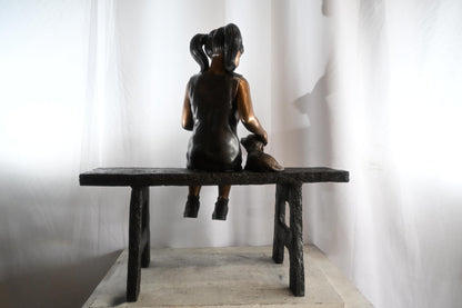 Bronze Girl Reading on Bench with Puppy Statue Sculpture 37"x15"x40"H