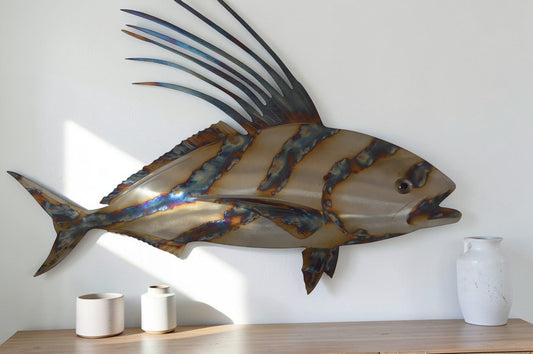 Snapper fish laser cut steel wall mounted - Size: 26"L x 2"W x 17"H.