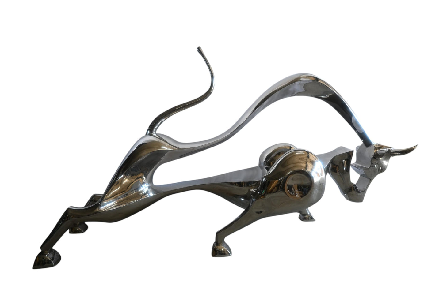 Giant Abstract Stainless Steel Charging Bull Floor Sculpture 105"x36"x58"H