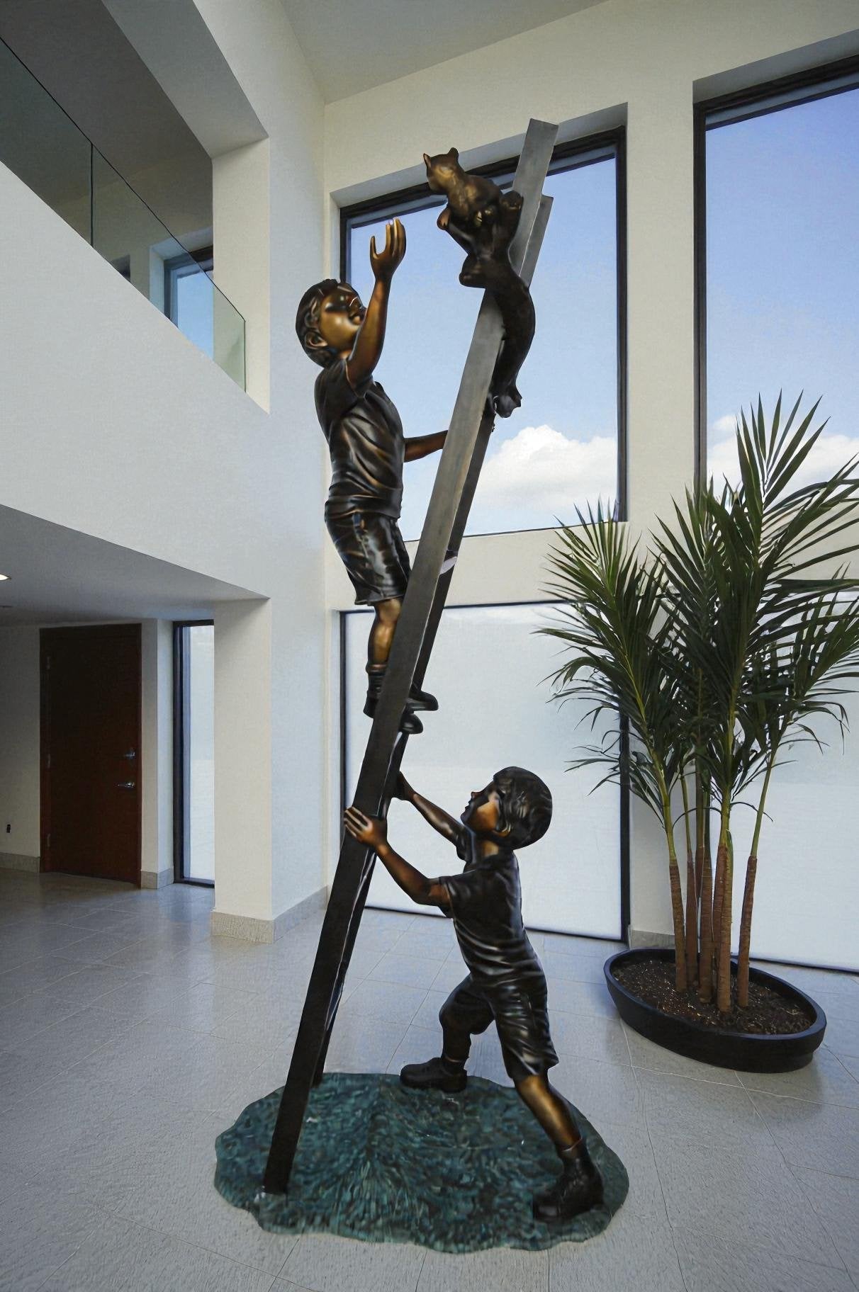Two Kids Climb a Ladder Saving a Cat Bronze Statue -  Size: 35"L x 24"W x 81"H.