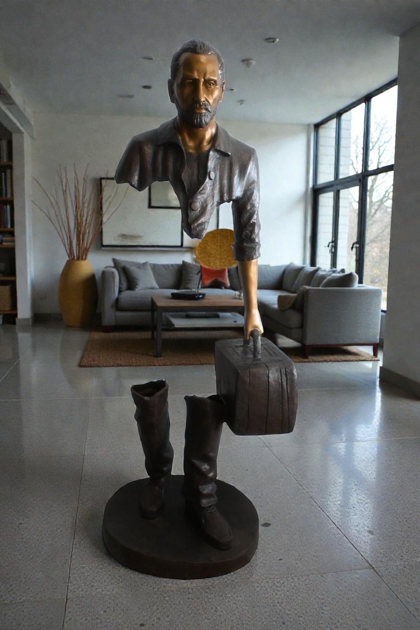 Bronze Salesman Statue with Suitcase Abstract Figurine 24"x27"x71"H
