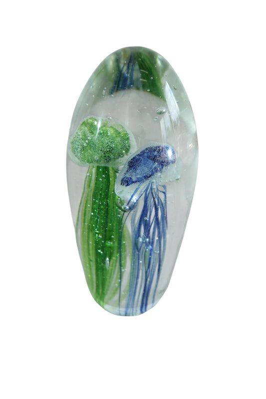NIFAO Glass Jellyfish Paperweight Green Blue Art Glass Decor 3" x 3" x 8"H