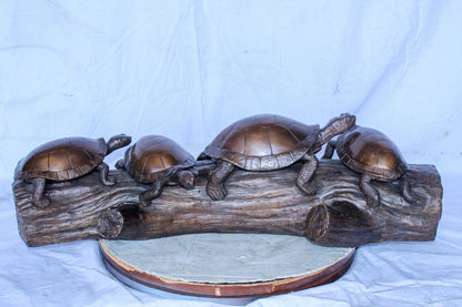 Four Turtles on Tree Log Bronze Statue, Charming Wildlife Decor 39" x 15" x 10"H