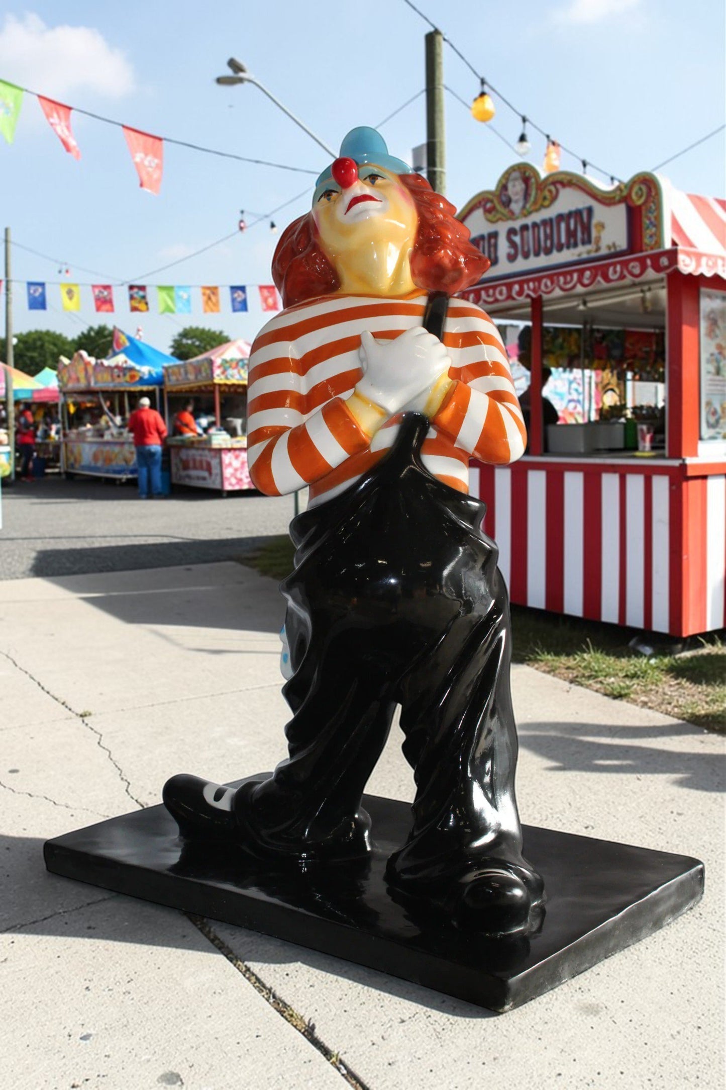 Colorful Fiberglass Clown Fiberglass Statue, Striped Shirt 27" x 17" x 39"H