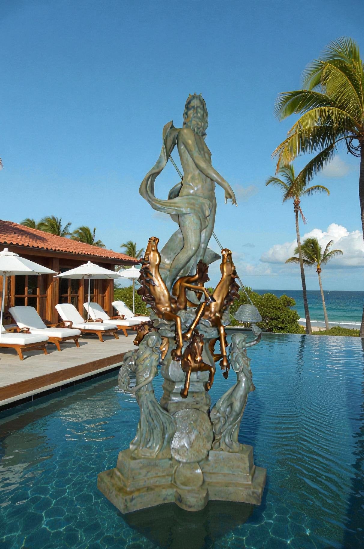 Neptune Fountain W six Horses Bronze Statue -  Size: 38"L x 38"W x 90"H.