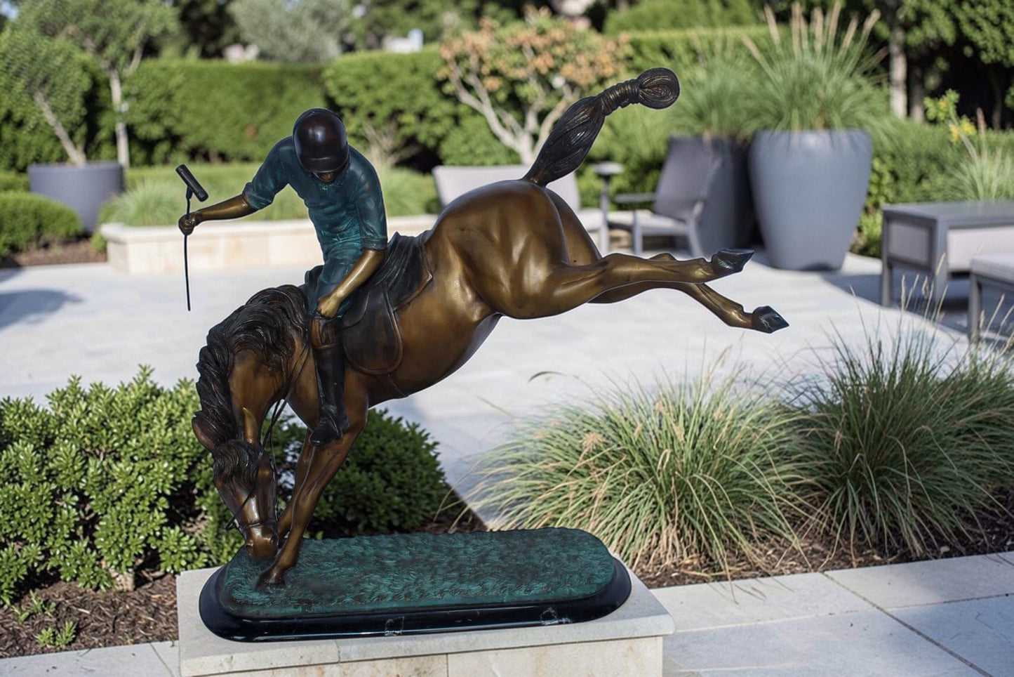 Dynamic Polo Player and Horse in Game Action Bronze Statue  21" x 11" x 22"H