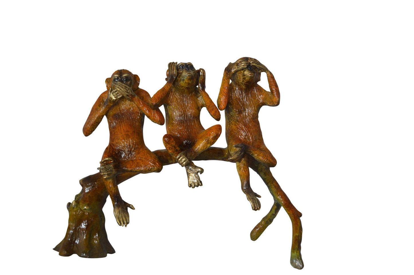 Three wise monkeys on a tree branch bronze statue - Size: 27"L x 11"W x 18"H.