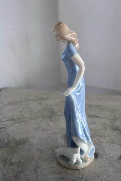 Porcelain Elegant Lady Blue Gown with White Puppy Statue 5"x4"x11"H