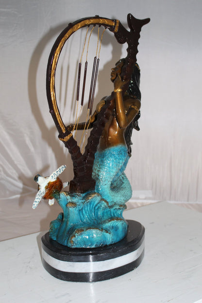 Mermaid play harp Bronze Statue -  Size: 13"L x 8"W x 22"H.