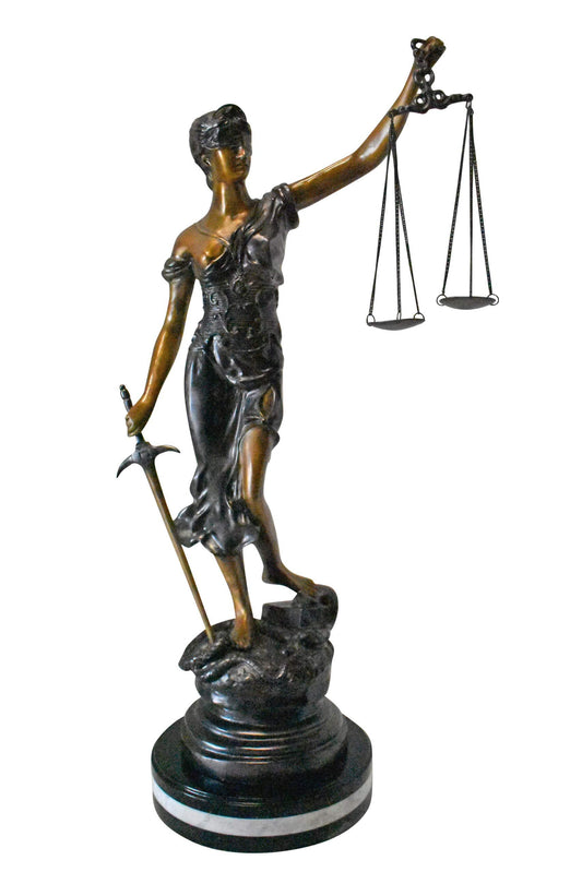 Lady Justice bronze statue mounted on a marble - Size: 14"L x 16"W x 32"H.