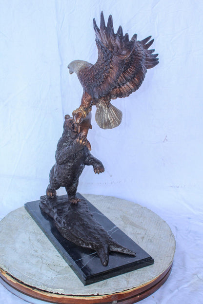 Bronze Statue of an Eagle and Bear Fighting for Fish Prey  24" x 9" x 28"H