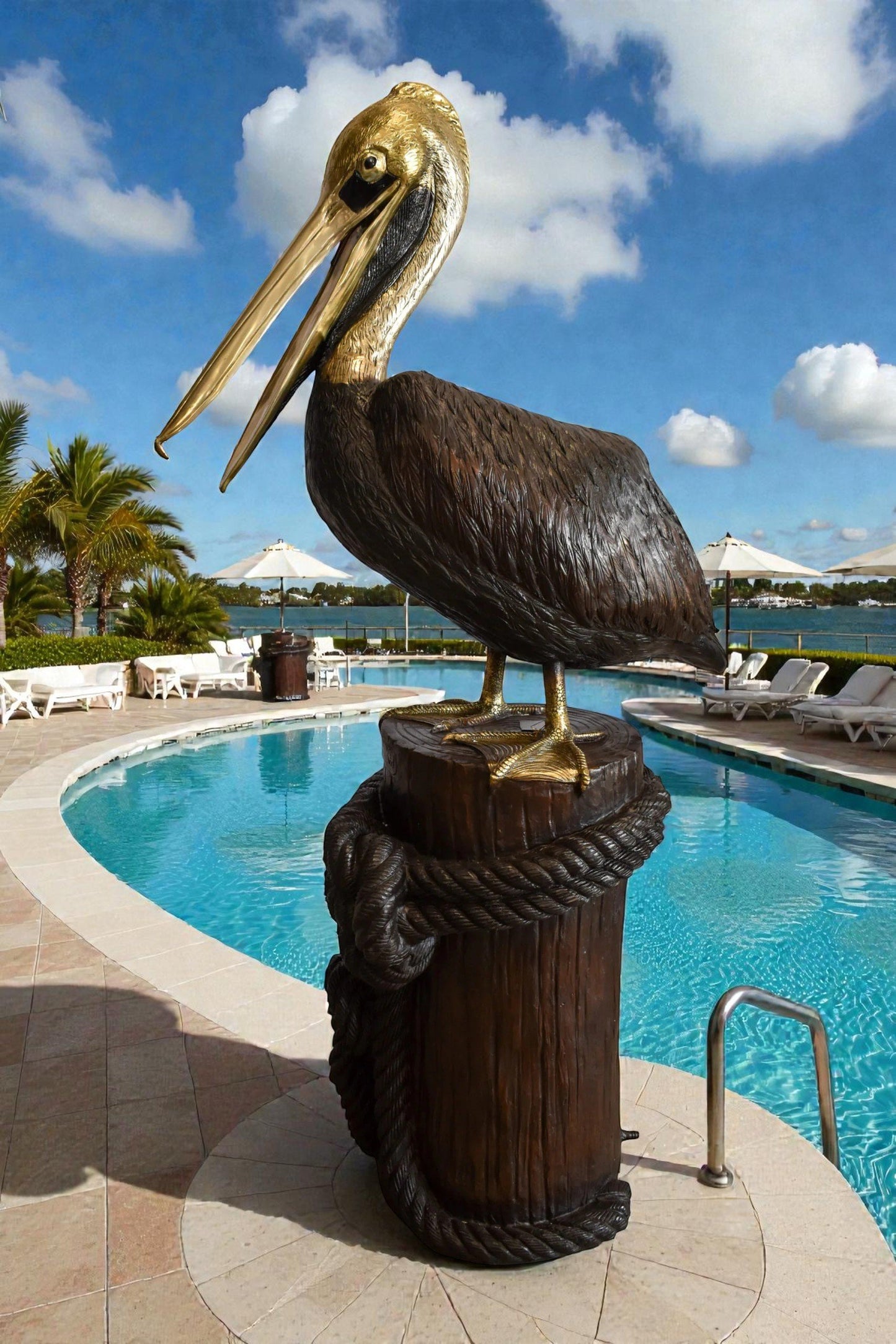 Pelican on Tree Stump Bronze Statue Fountain 43" x 24" x 76"H