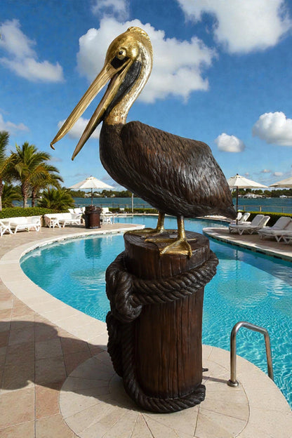 Pelican on Tree Stump Bronze Statue Fountain 43" x 24" x 76"H