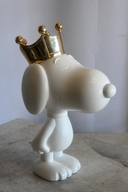 White Resin Snoopy Inspired Dog Figurine with Gold Crown 12"x8"x18"H