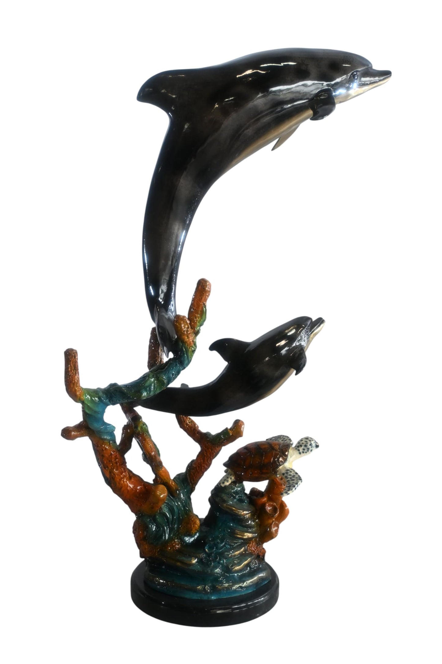 Two Dolphins with Sea Turtle on Coral Bronze Sculpture 18"x10"x29"H
