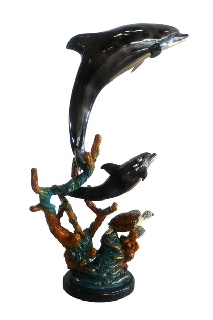 Two Dolphins with Sea Turtle on Coral Bronze Sculpture 18"x10"x29"H