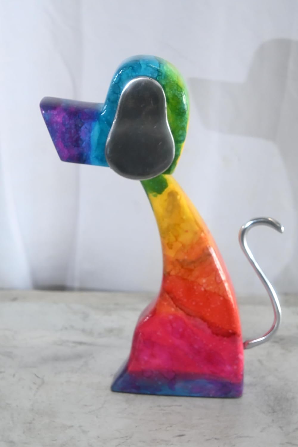 Abstract Rainbow Painted Wood Dog Figurine Aluminum Ears 8"x2"x15"H
