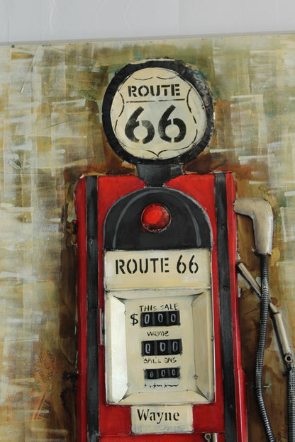 Route 66 Red Gas Pump 3D Sheet Metal Wall Art Painting 40" x 2" x 79"H