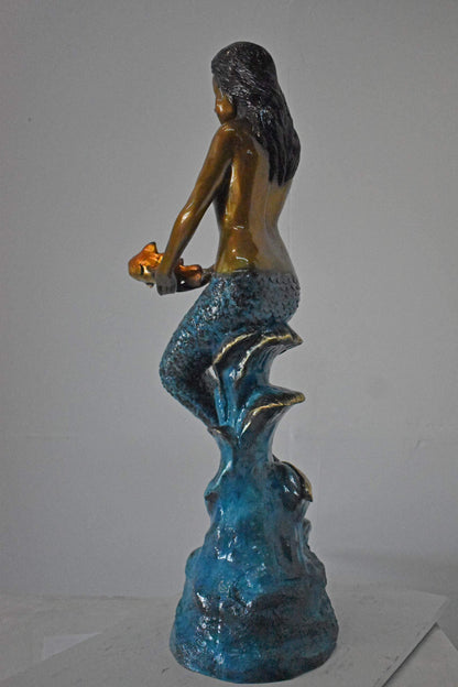 Mermaid Holding Two Fish Bronze Statue Color Finish - Size: 14" x 14" x 43"H.