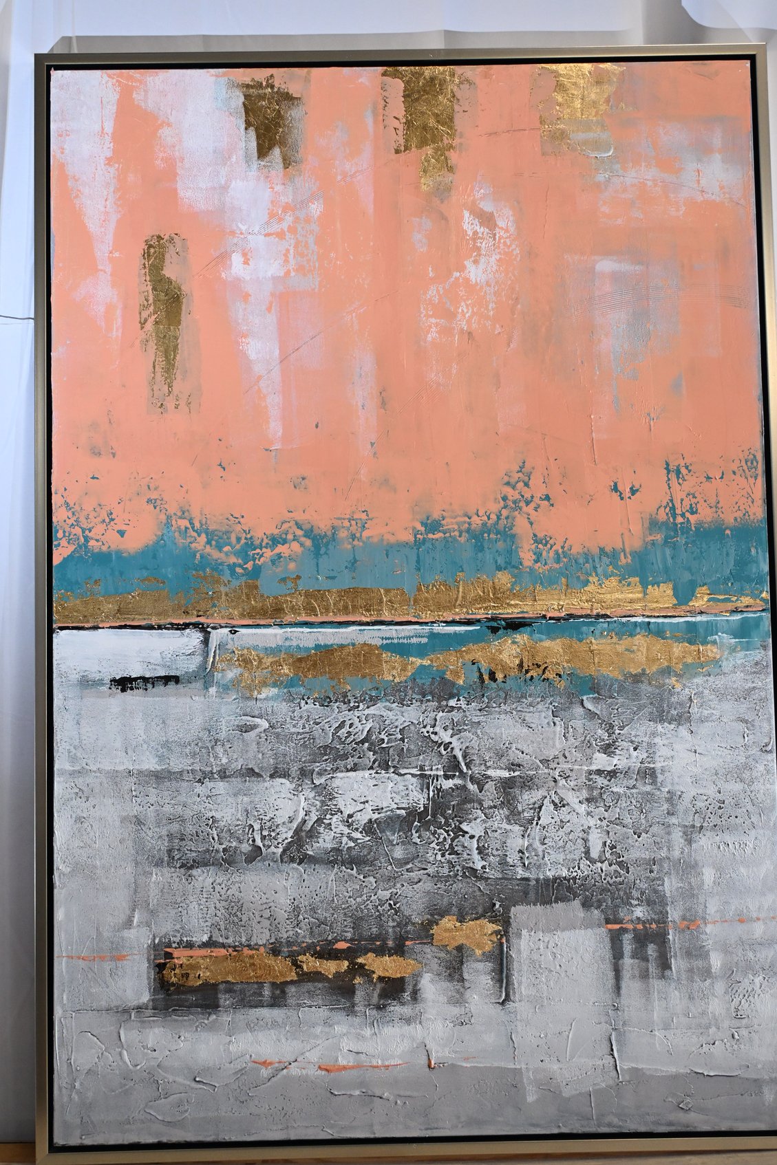 Coral Reef Abstract Canvas Painting Coral Blue Gold Framed 61"x41"