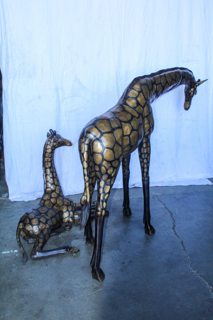 Life Size Bronze Giraffes Statues, One Laying, One Standing 77" x 21" x 58"H