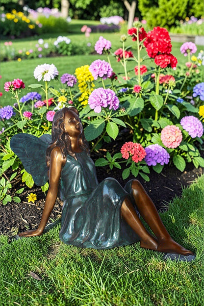 Fairy angel sitting peacefully bronze statue -  Size: 27"L x 12"W x 16"H.