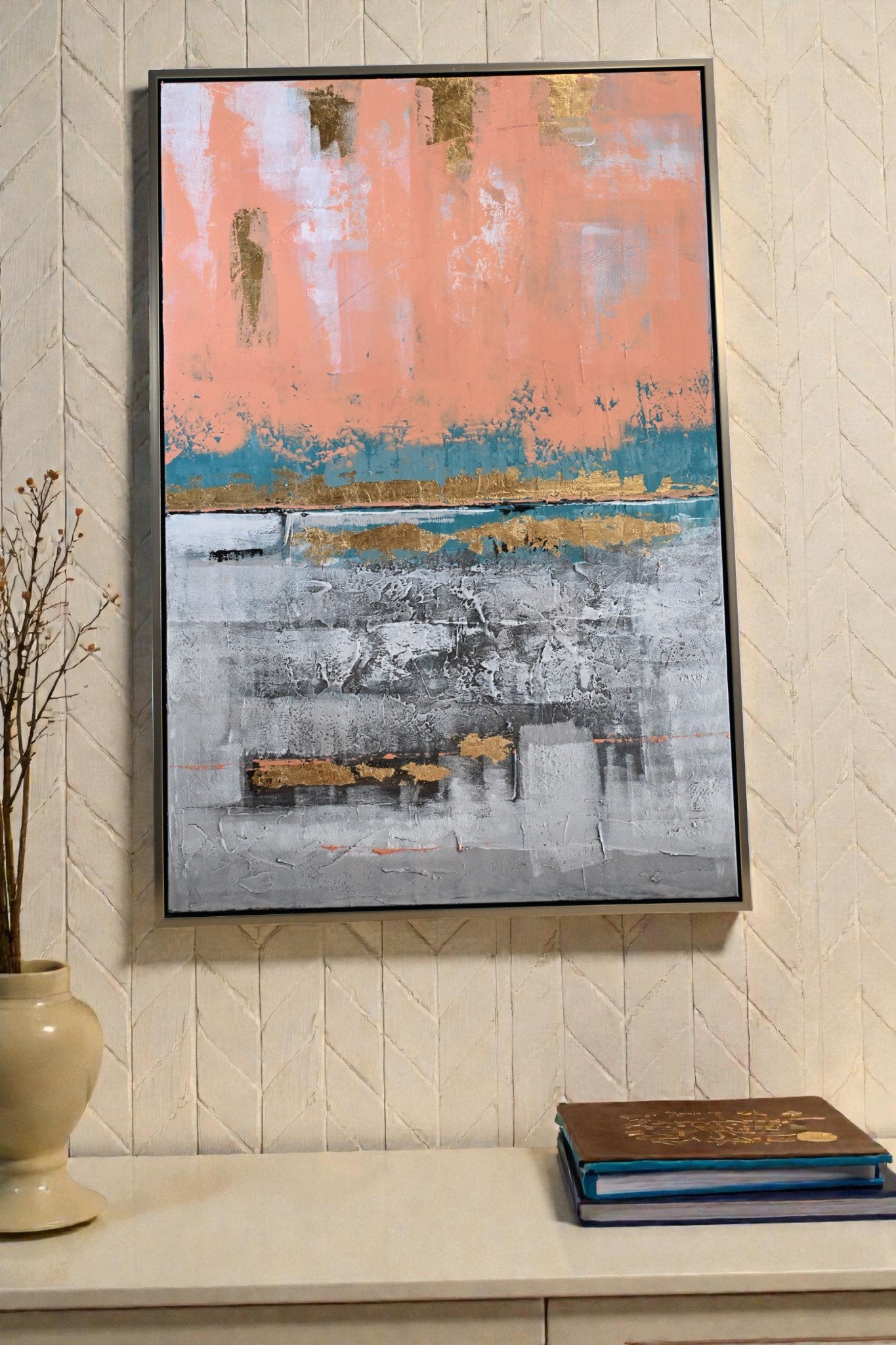 Coral Reef Abstract Canvas Painting Coral Blue Gold Framed 61"x41"
